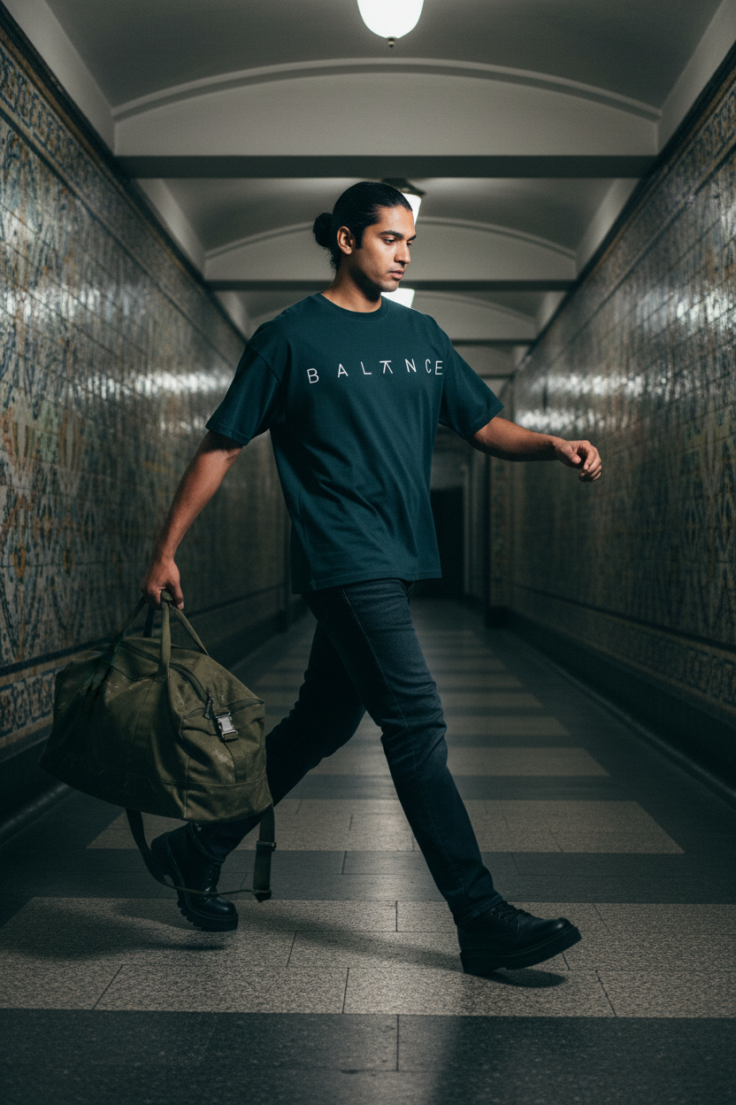 Male model wearing dark teal BALANCE mid oversize drop shoulder tee at vintage mosaic metro corridor