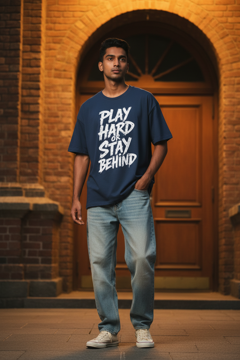 Play Hard or Stay Behind navy blue oversized drop-shoulder tee on male model