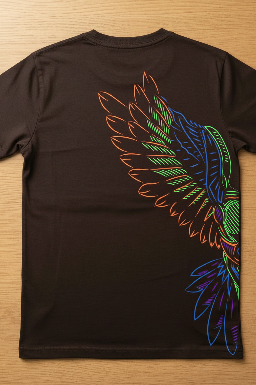 Dark brown t-shirt with multicolor neon wing graphic on the back