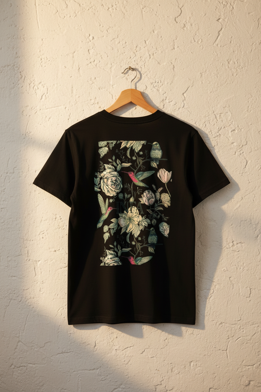 Black INFA botanical drop shoulder tee on wooden hanger against textured wall