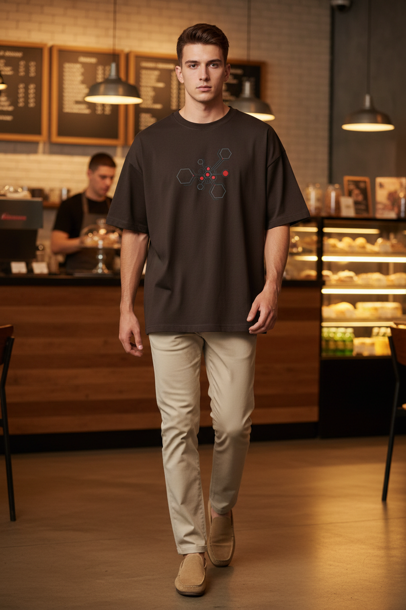 Man wearing Dark Coffee Brown Hexnode Circuit Tee – center print – coffee shop