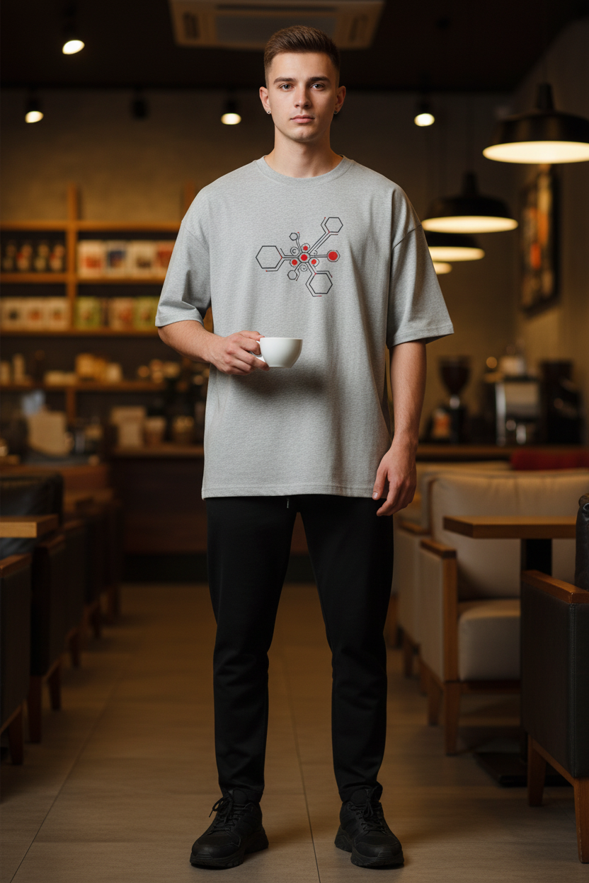 Man wearing Light Grey Hexnode Circuit Tee – center print – coffee shop