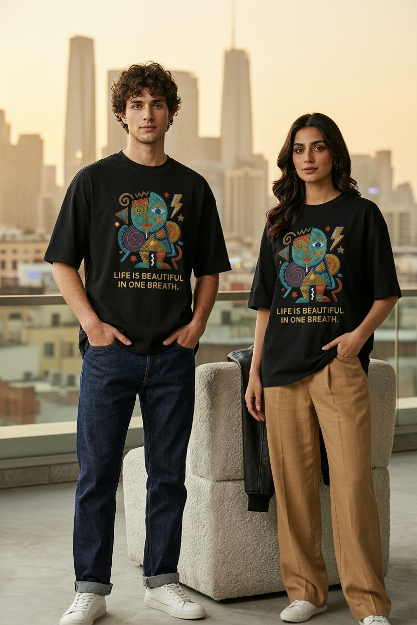 Black oversized drop shoulder tee – rooftop golden hour
