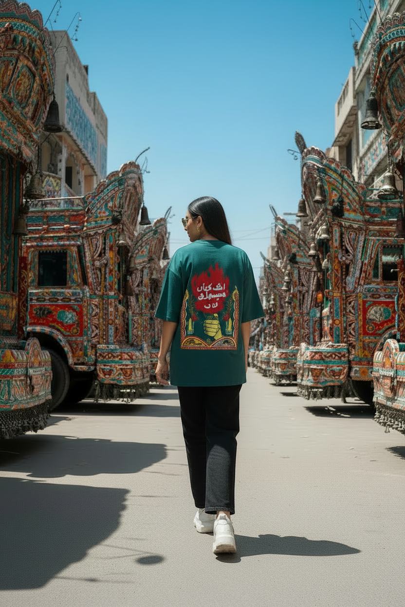 Dark Teal Women's Truck Art Tee — Model Shot