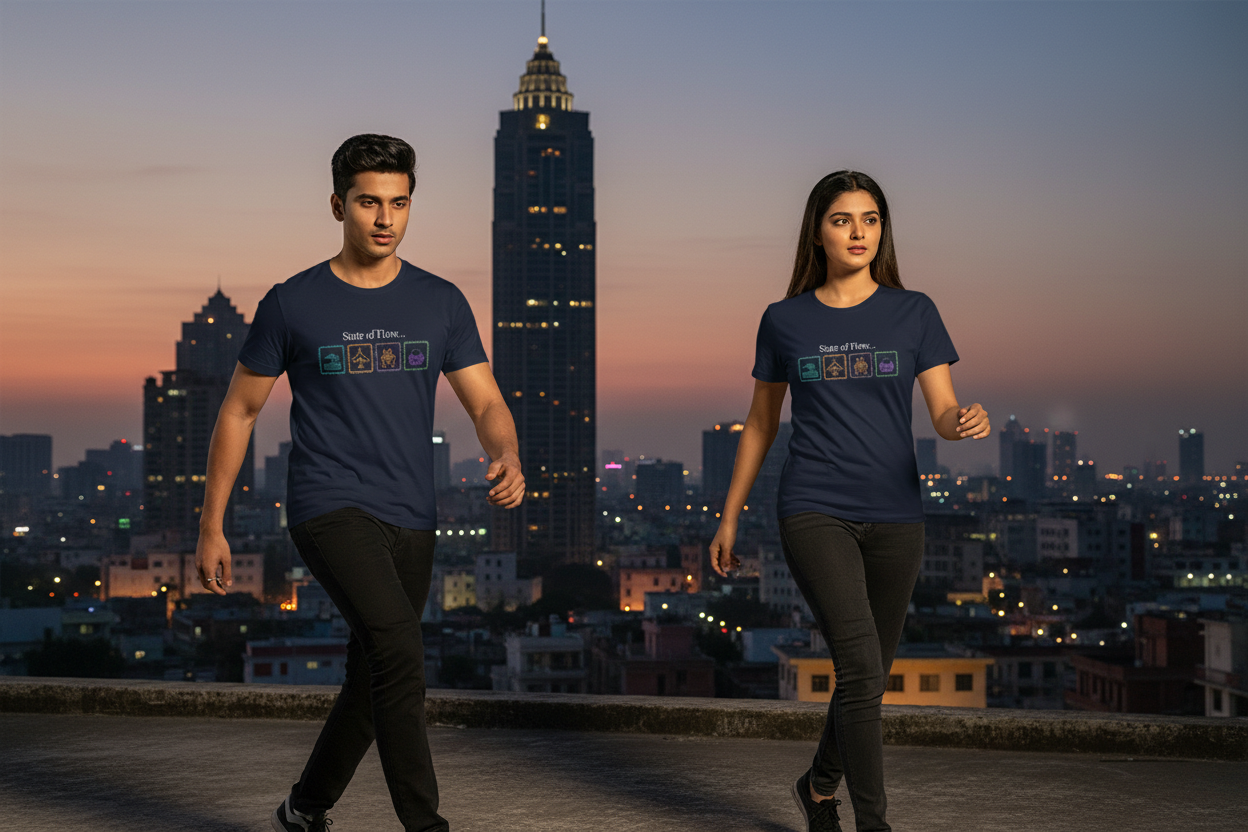 State of Flow Tee - Navy Blue - Rooftop Cityscape Background