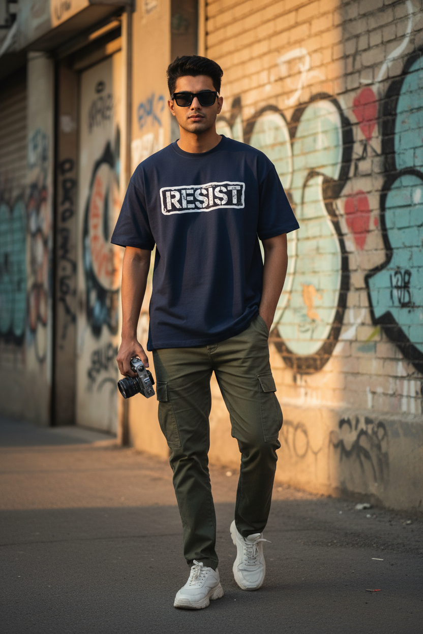 RESIST Graphic Tee - Navy Blue - Male Model Urban Street