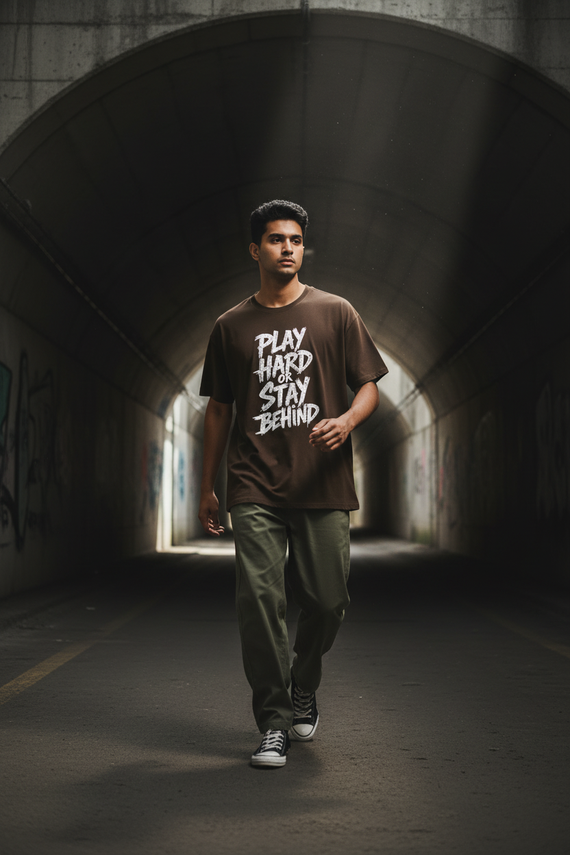 Play Hard or Stay Behind dark coffee brown oversized drop-shoulder tee on male model