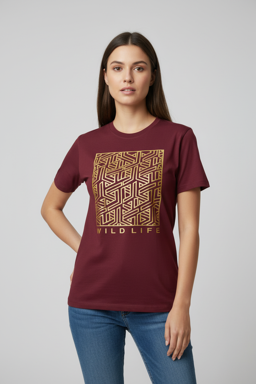 Wild Life Graphic Tee in Maroon worn by female model