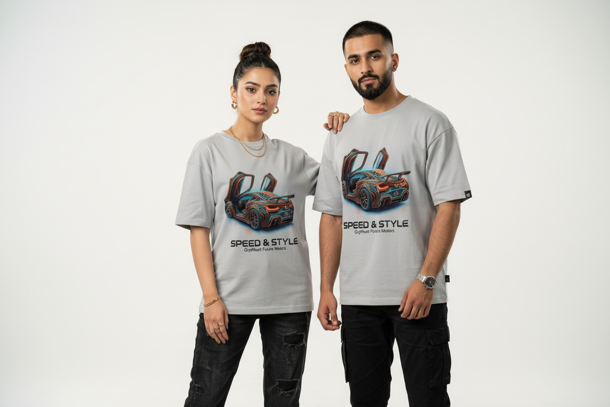 Speed & Style oversized drop shoulder tee in Light Silver Grey worn by Pakistani male and female models