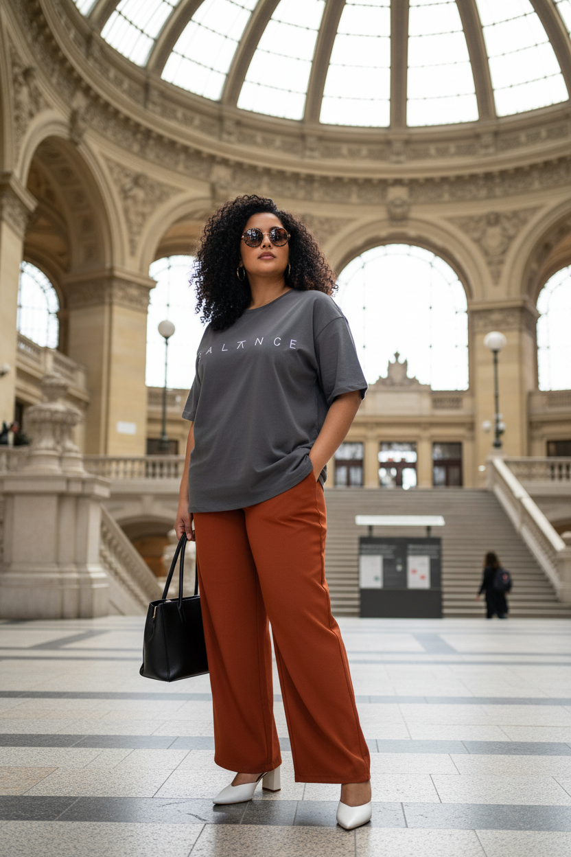 Female model wearing charcoal grey BALANCE women's oversize tee at Antwerp Central Station