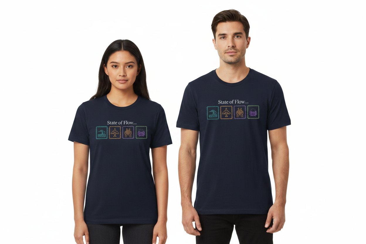 State of Flow Tee - Navy Blue - Male and Female Models