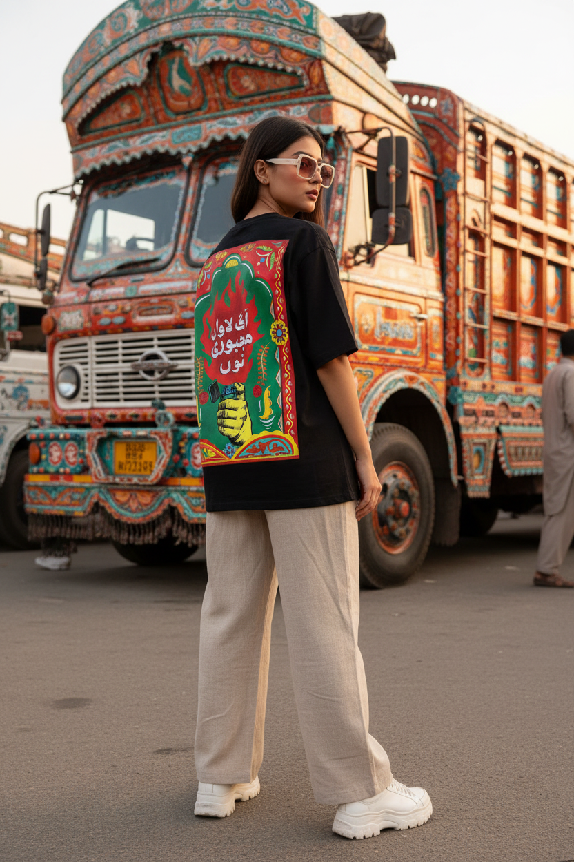 Black Women's Truck Art Tee — Model Shot