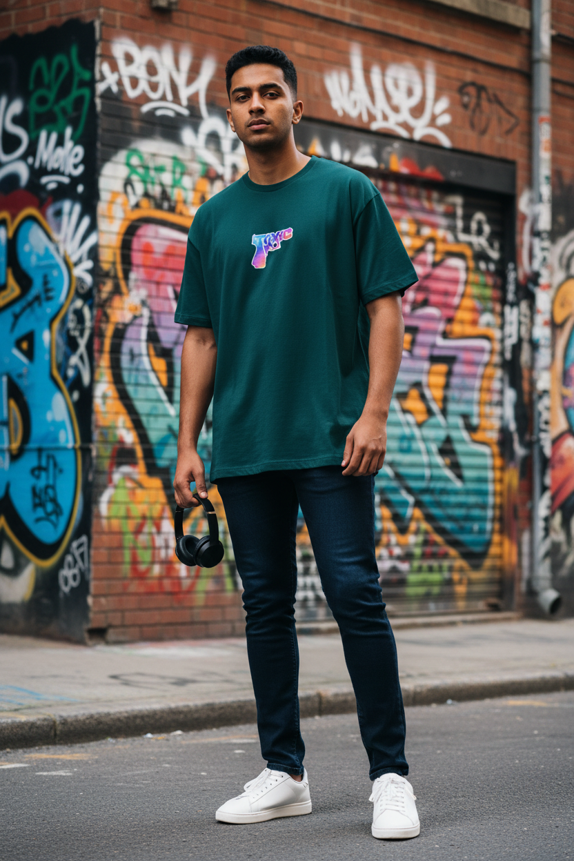 TOXIC Tee - Dark Teal - Model Shot Graffiti Wall