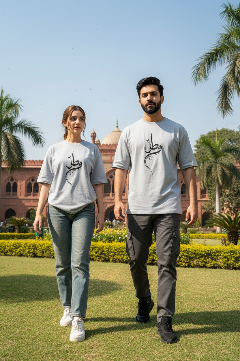 Watan Tee - Light Silver Grey with Black Print - Pakistani models at Frere Hall Karachi