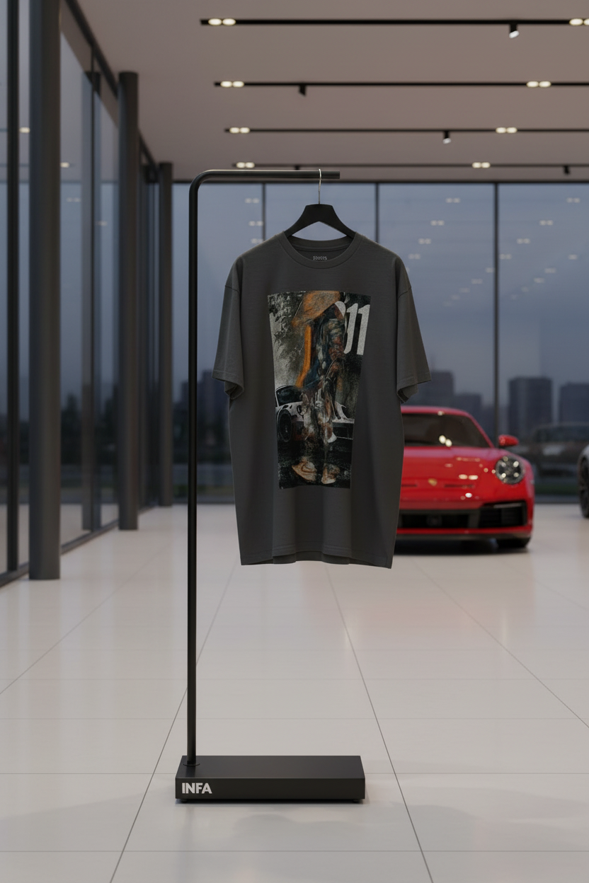 INFA Dark Charcoal Shirt with Red Porsche Showroom
