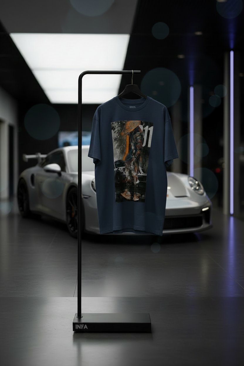 INFA Navy Blue Shirt with Silver Porsche Showroom