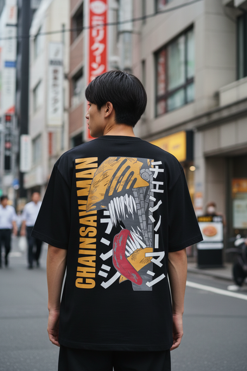 Japanese Male Model - Chainsaw Man Tee Back