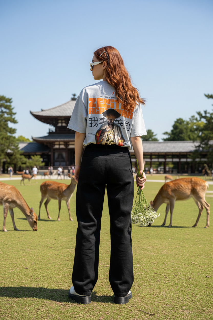 Female model wearing the INFA Atelier Zenitsu Agatsuma graphic tee in light grey, back view