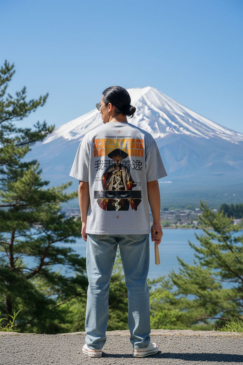 Male model wearing the INFA Atelier Zenitsu Agatsuma graphic tee in light grey, back view