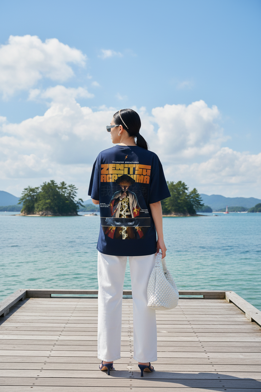 Female model wearing the INFA Atelier Zenitsu Agatsuma graphic tee in navy blue, back view