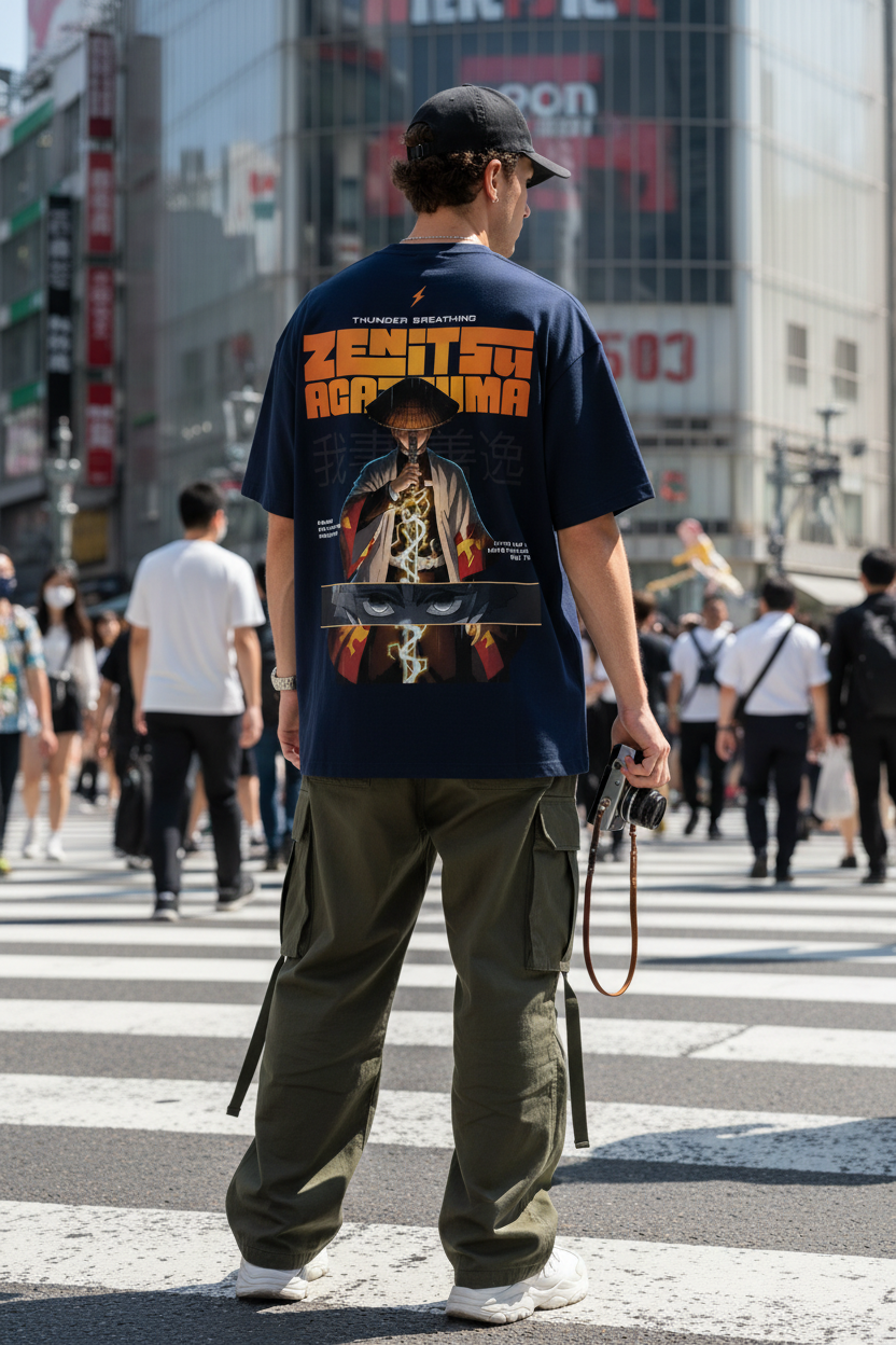 Male model wearing the INFA Atelier Zenitsu Agatsuma graphic tee in navy blue, back view