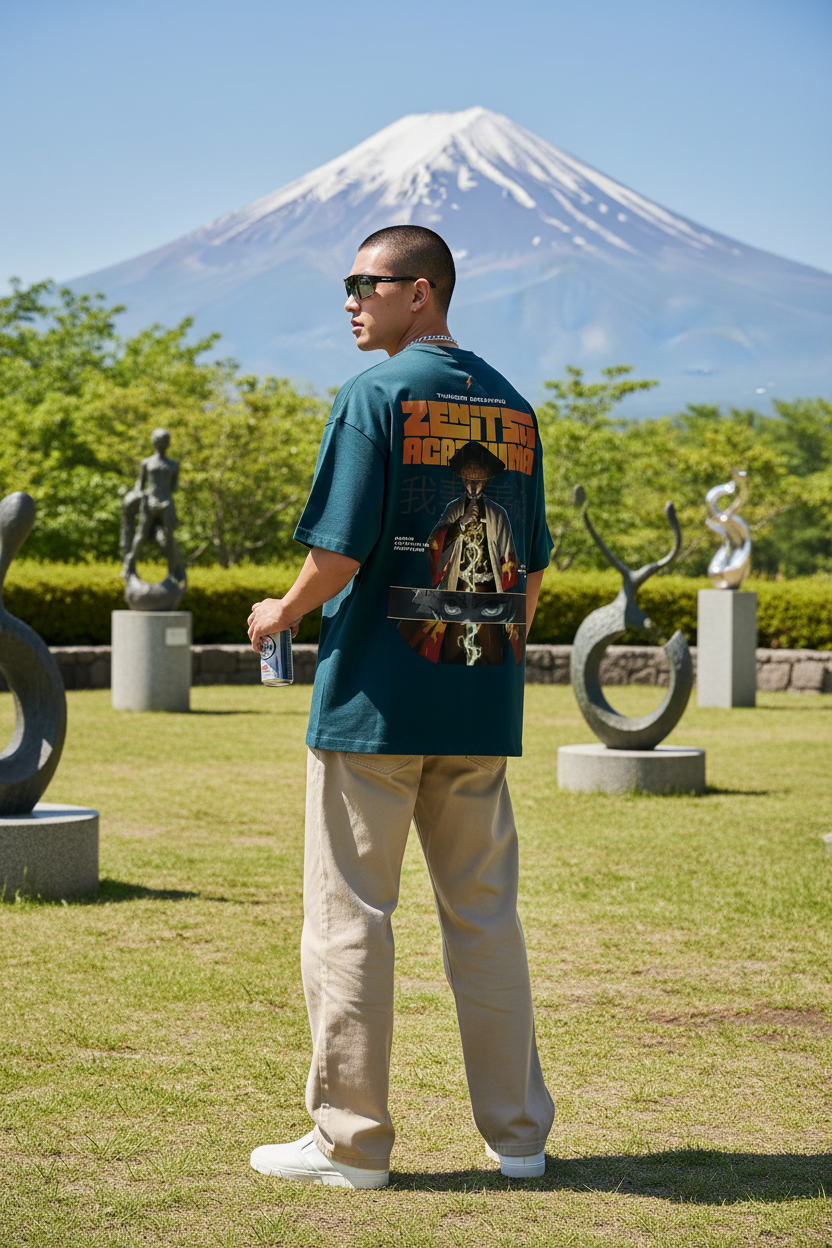 Male model wearing the INFA Atelier Zenitsu Agatsuma graphic tee in dark teal, back view